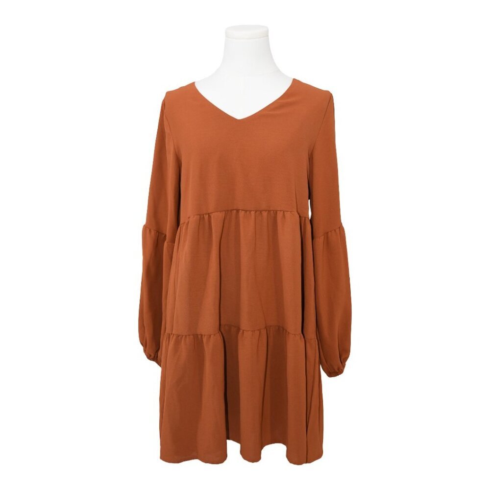 Rust Orange Tiered Mini Dress S Boho Cottagecore Fall